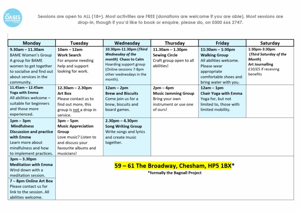 Timetable for TOP Chesham